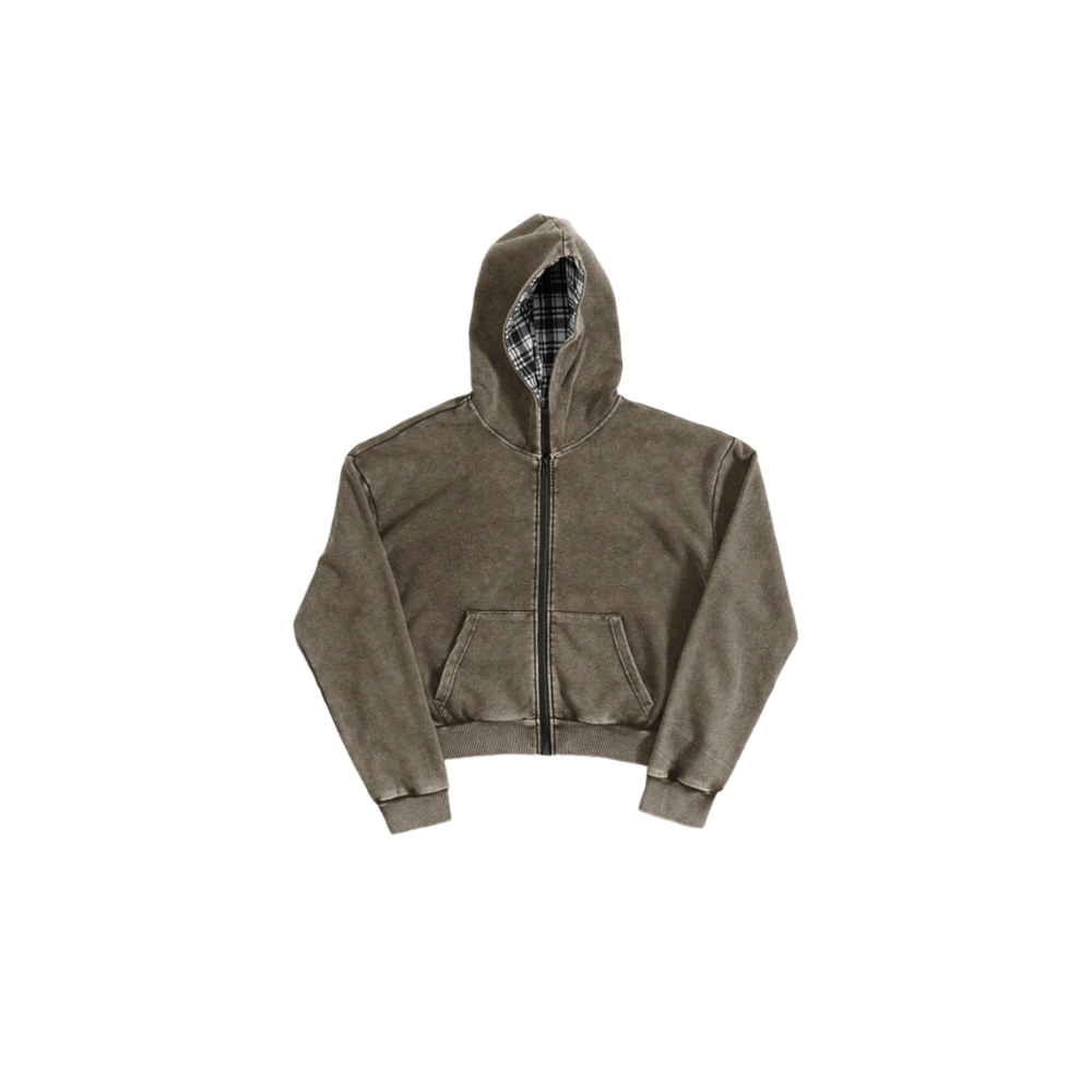 Plaid-Lined Washed Zip Hoodie