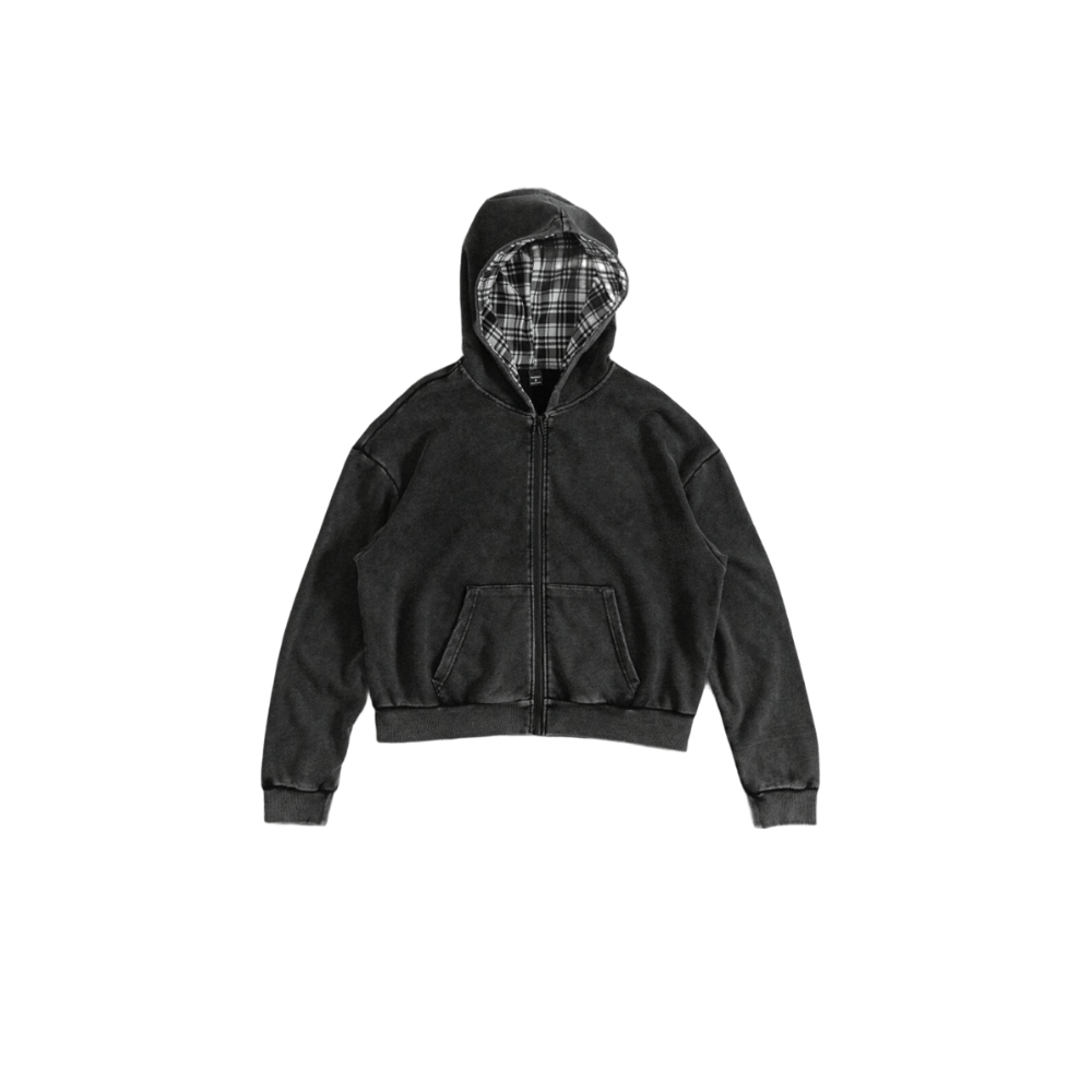 Plaid-Lined Washed Zip Hoodie